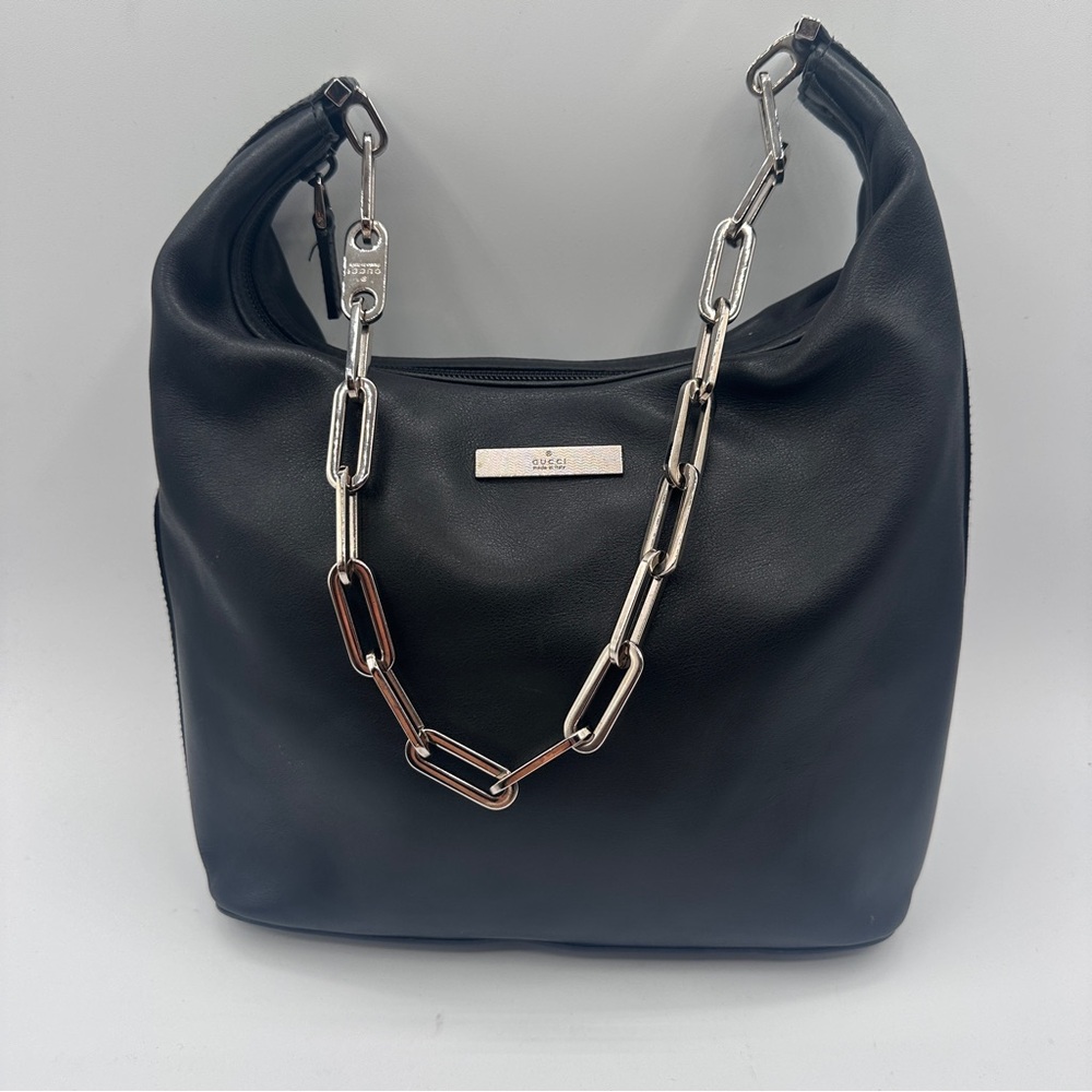 Gucci Black Leather Handbag with Silver Hardware w.COA